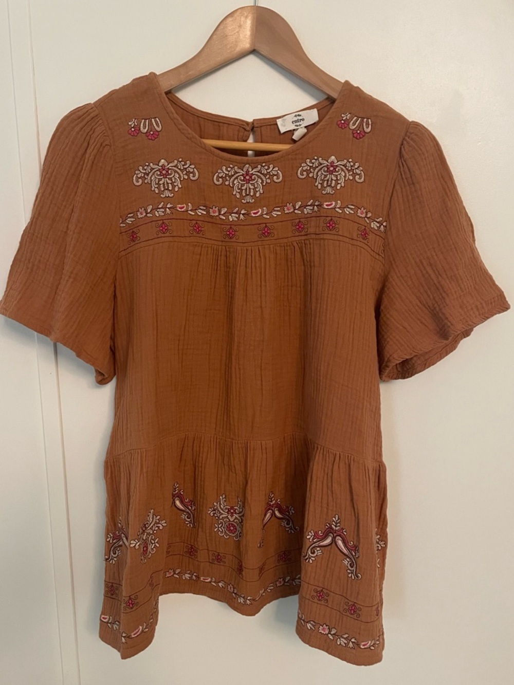 entro Rust Embroidered Peasant Tunic Short Sleeve Size M Boho